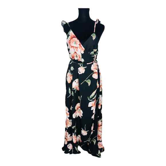 NWT Haoduoyi Womens Black Floral Wrap Maxi Dress Sleeveless Chiffon Medium - Picture 1 of 6